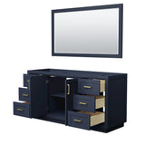 Miranda 66 Inch Single Bathroom Vanity in Dark Blue No Countertop No Sink Brushed Gold Trim 58 Inch Mirror