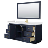 Miranda 66 Inch Single Bathroom Vanity in Dark Blue White Cultured Marble Countertop Undermount Square Sink Brushed Gold Trim 58 Inch Mirror