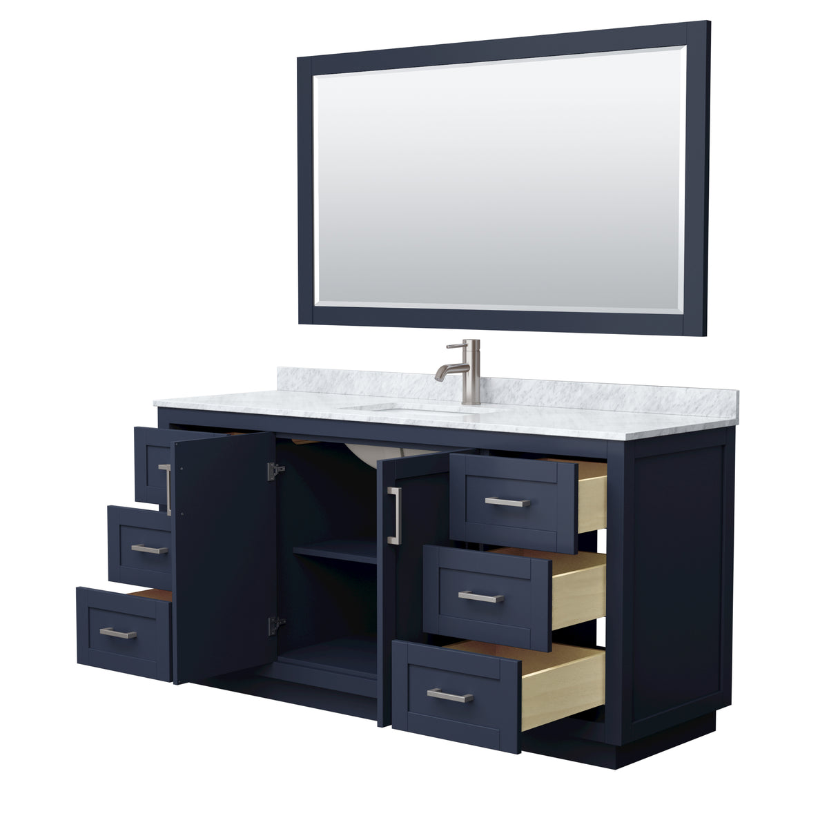 Miranda 66 Inch Single Bathroom Vanity in Dark Blue White Carrara Marble Countertop Undermount Square Sink Brushed Nickel Trim 58 Inch Mirror