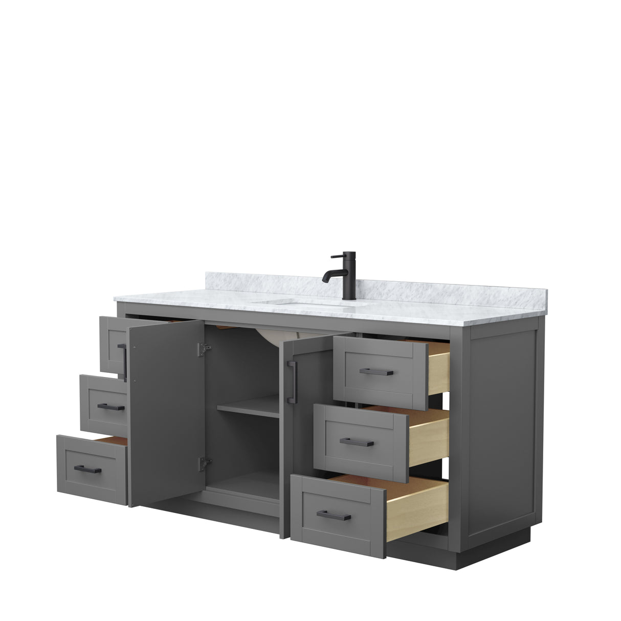 Miranda 66 Inch Single Bathroom Vanity in Dark Gray White Carrara Marble Countertop Undermount Square Sink Matte Black Trim