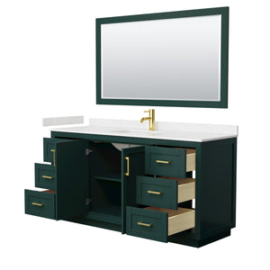 Miranda 66 Inch Single Bathroom Vanity in Green Carrara Cultured Marble Countertop Undermount Square Sink Brushed Gold Trim 58 Inch Mirror