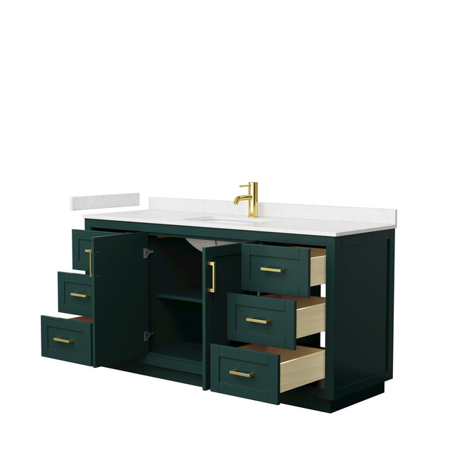 Miranda 66 Inch Single Bathroom Vanity in Green Carrara Cultured Marble Countertop Undermount Square Sink Brushed Gold Trim