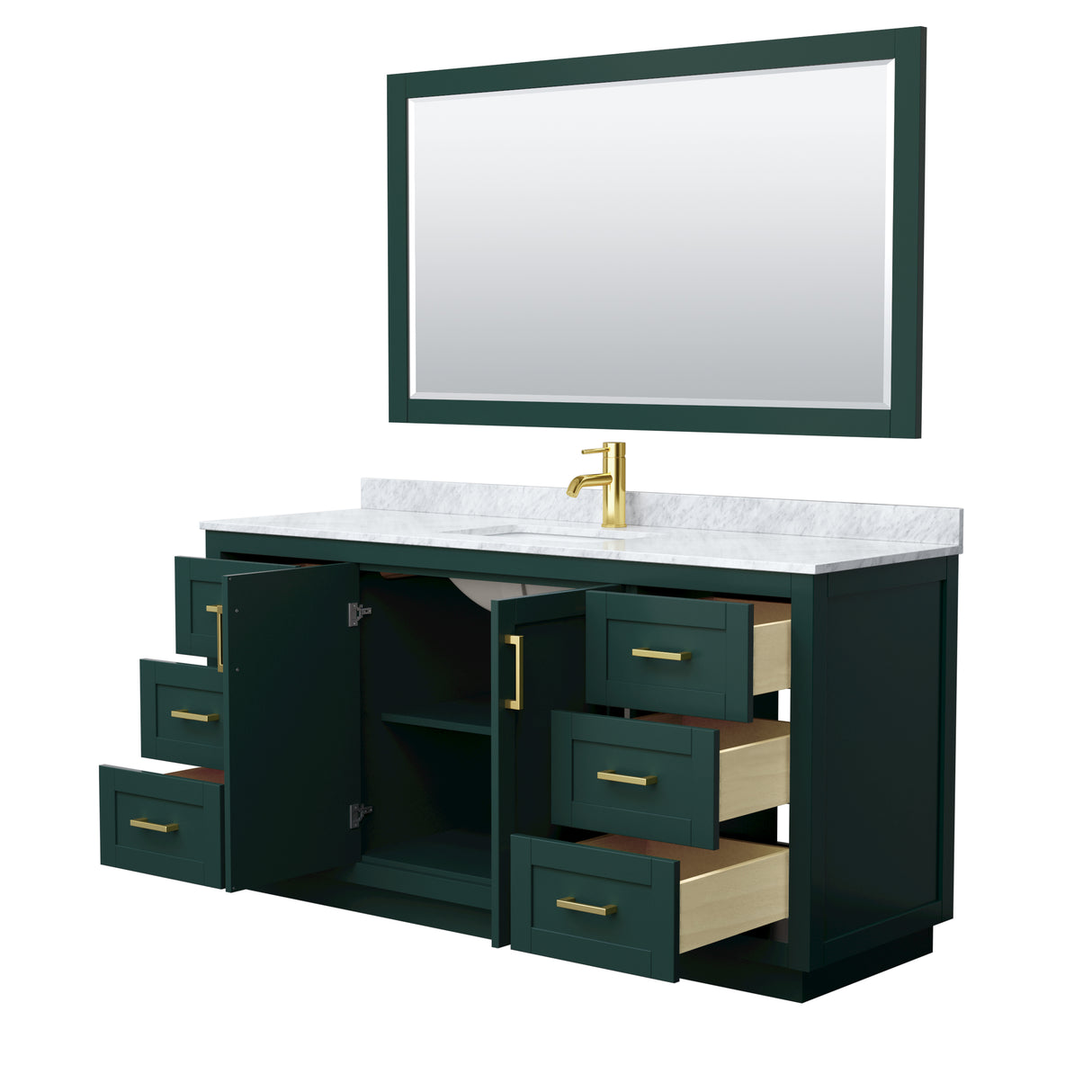 Miranda 66 Inch Single Bathroom Vanity in Green White Carrara Marble Countertop Undermount Square Sink Brushed Gold Trim 58 Inch Mirror