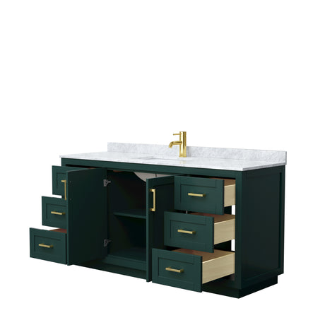 Miranda 66 Inch Single Bathroom Vanity in Green White Carrara Marble Countertop Undermount Square Sink Brushed Gold Trim