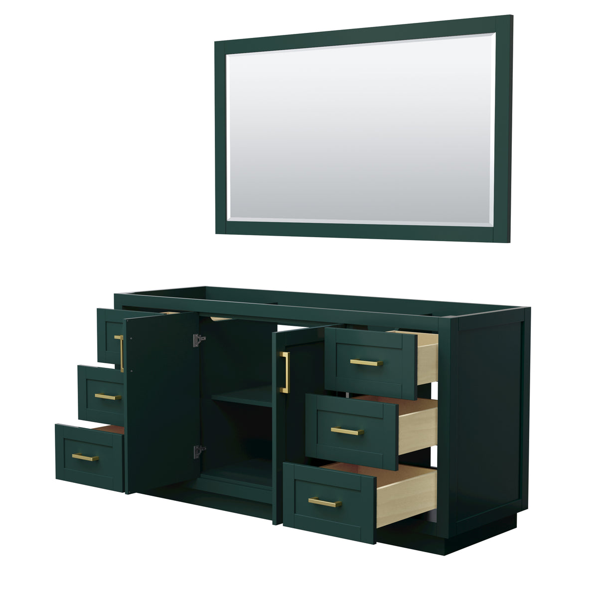 Miranda 66 Inch Single Bathroom Vanity in Green No Countertop No Sink Brushed Gold Trim 58 Inch Mirror