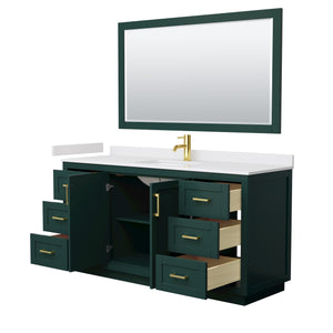 Miranda 66 Inch Single Bathroom Vanity in Green White Cultured Marble Countertop Undermount Square Sink Brushed Gold Trim 58 Inch Mirror