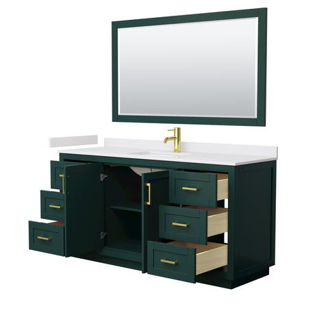 Miranda 66 Inch Single Bathroom Vanity in Green White Cultured Marble Countertop Undermount Square Sink Brushed Gold Trim 58 Inch Mirror
