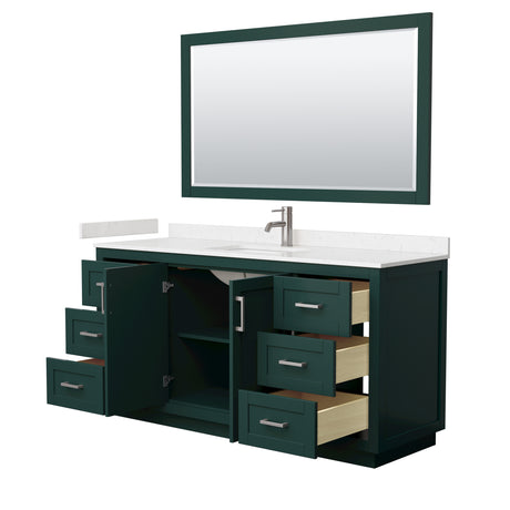 Miranda 66 Inch Single Bathroom Vanity in Green Carrara Cultured Marble Countertop Undermount Square Sink Brushed Nickel Trim 58 Inch Mirror
