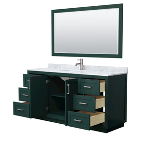 Miranda 66 Inch Single Bathroom Vanity in Green White Carrara Marble Countertop Undermount Square Sink Brushed Nickel Trim 58 Inch Mirror