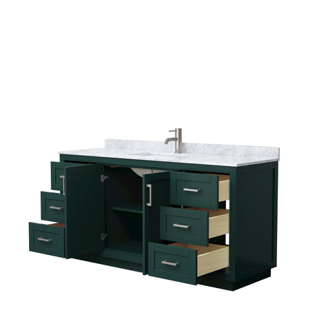 Miranda 66 Inch Single Bathroom Vanity in Green White Carrara Marble Countertop Undermount Square Sink Brushed Nickel Trim