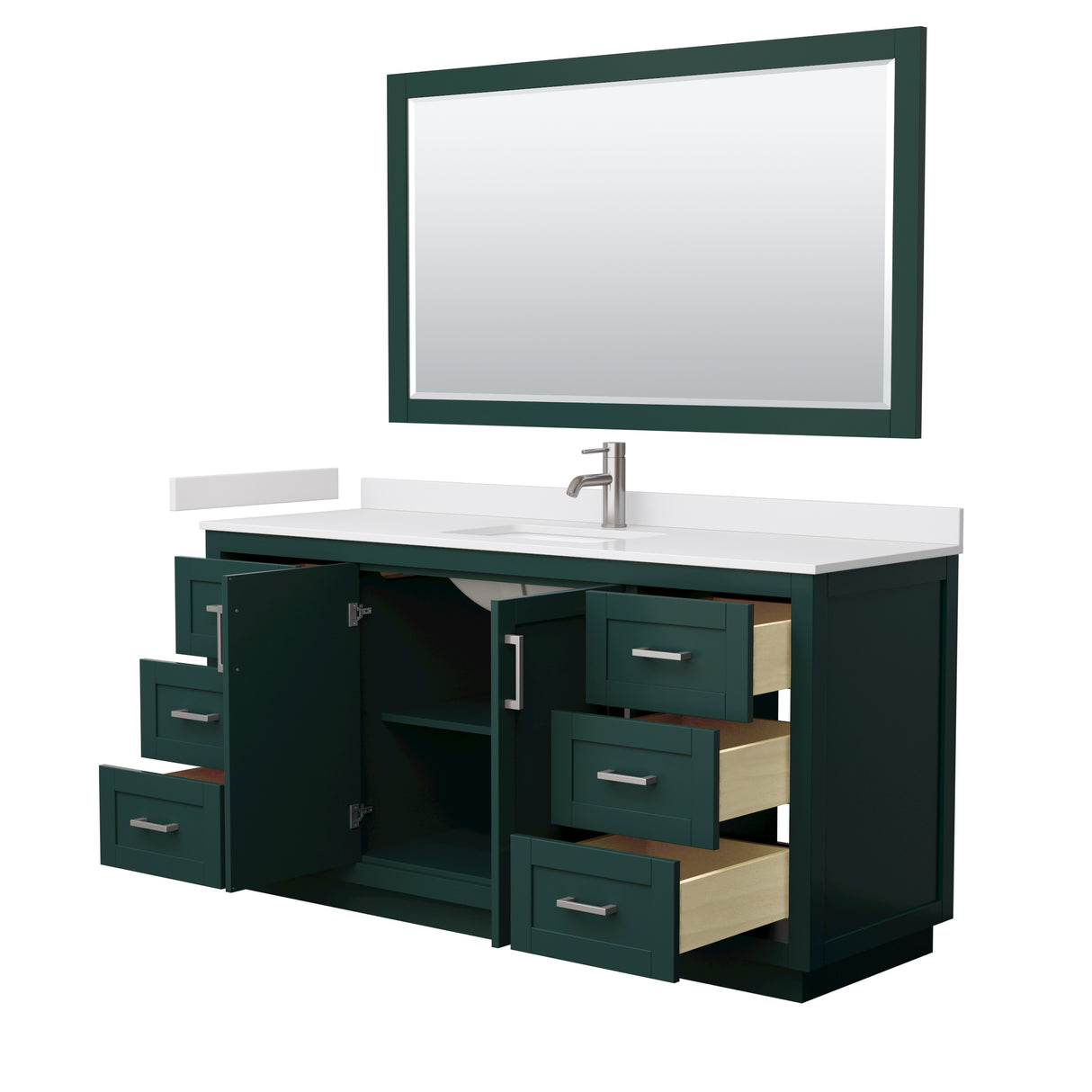 Miranda 66 Inch Single Bathroom Vanity in Green White Cultured Marble Countertop Undermount Square Sink Brushed Nickel Trim 58 Inch Mirror