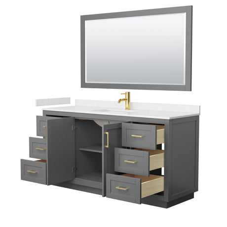 Miranda 66 Inch Single Bathroom Vanity in Dark Gray Carrara Cultured Marble Countertop Undermount Square Sink Brushed Gold Trim 58 Inch Mirror