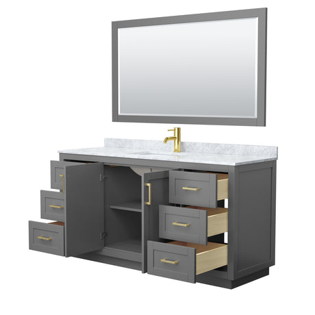 Miranda 66 Inch Single Bathroom Vanity in Dark Gray White Carrara Marble Countertop Undermount Square Sink Brushed Gold Trim 58 Inch Mirror