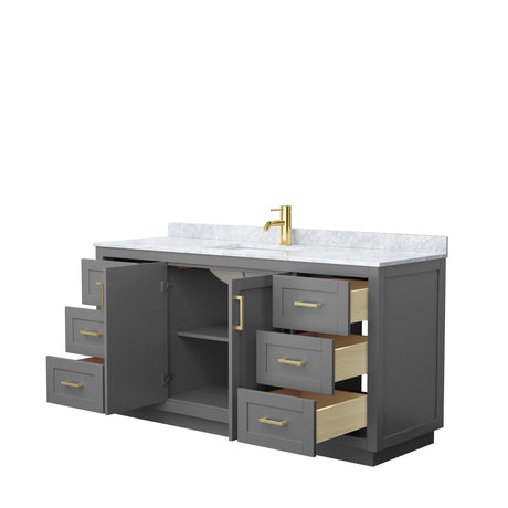 Miranda 66 Inch Single Bathroom Vanity in Dark Gray White Carrara Marble Countertop Undermount Square Sink Brushed Gold Trim