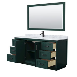 Miranda 66 Inch Single Bathroom Vanity in Green White Carrara Marble Countertop Undermount Square Sink Matte Black Trim 58 Inch Mirror