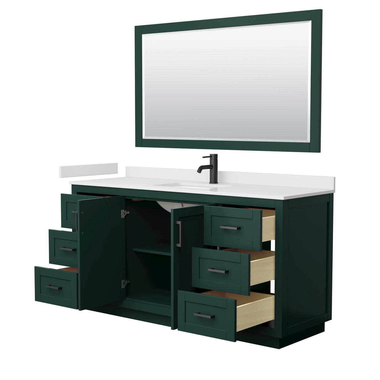 Miranda 66 Inch Single Bathroom Vanity in Green White Cultured Marble Countertop Undermount Square Sink Matte Black Trim 58 Inch Mirror
