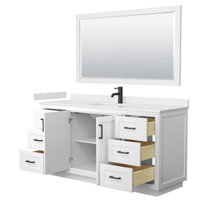 Miranda 66 Inch Single Bathroom Vanity in White Carrara Cultured Marble Countertop Undermount Square Sink Matte Black Trim 58 Inch Mirror