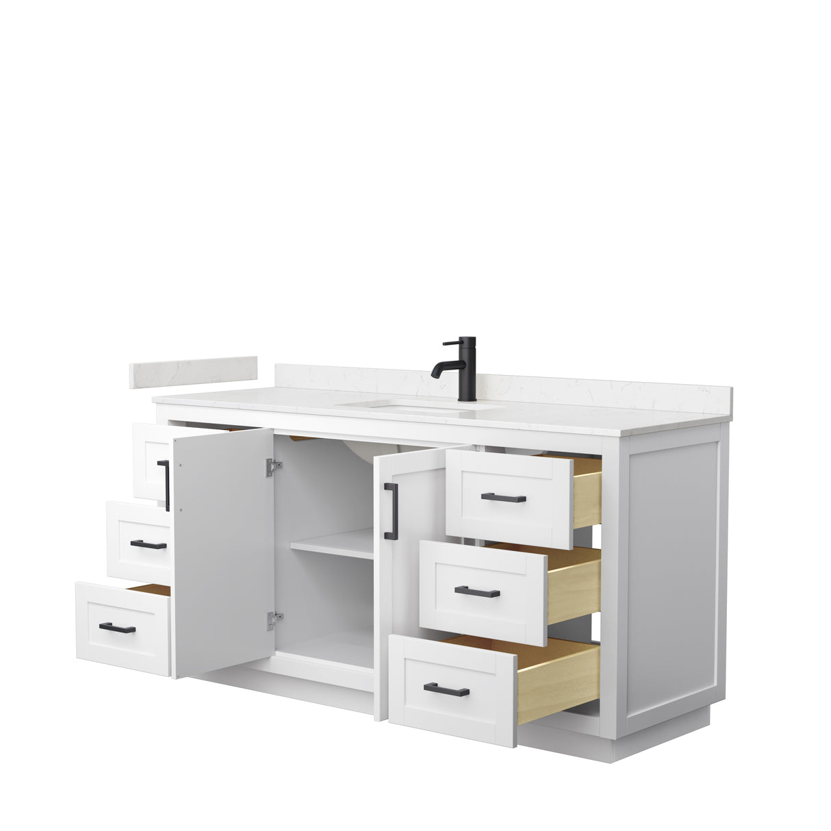 Miranda 66 Inch Single Bathroom Vanity in White Carrara Cultured Marble Countertop Undermount Square Sink Matte Black Trim