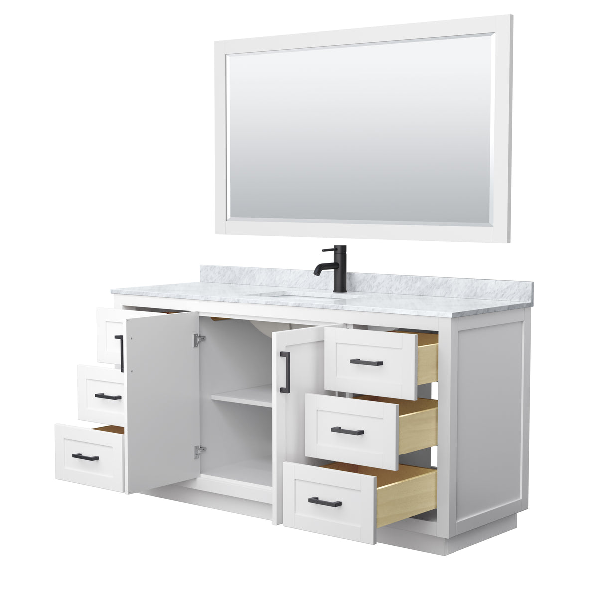 Miranda 66 Inch Single Bathroom Vanity in White White Carrara Marble Countertop Undermount Square Sink Matte Black Trim 58 Inch Mirror