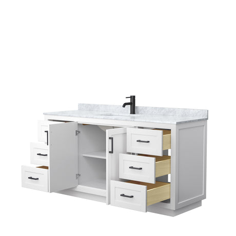 Miranda 66 Inch Single Bathroom Vanity in White White Carrara Marble Countertop Undermount Square Sink Matte Black Trim