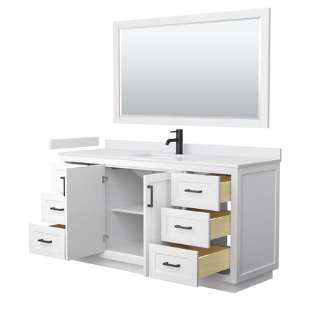Miranda 66 Inch Single Bathroom Vanity in White White Cultured Marble Countertop Undermount Square Sink Matte Black Trim 58 Inch Mirror