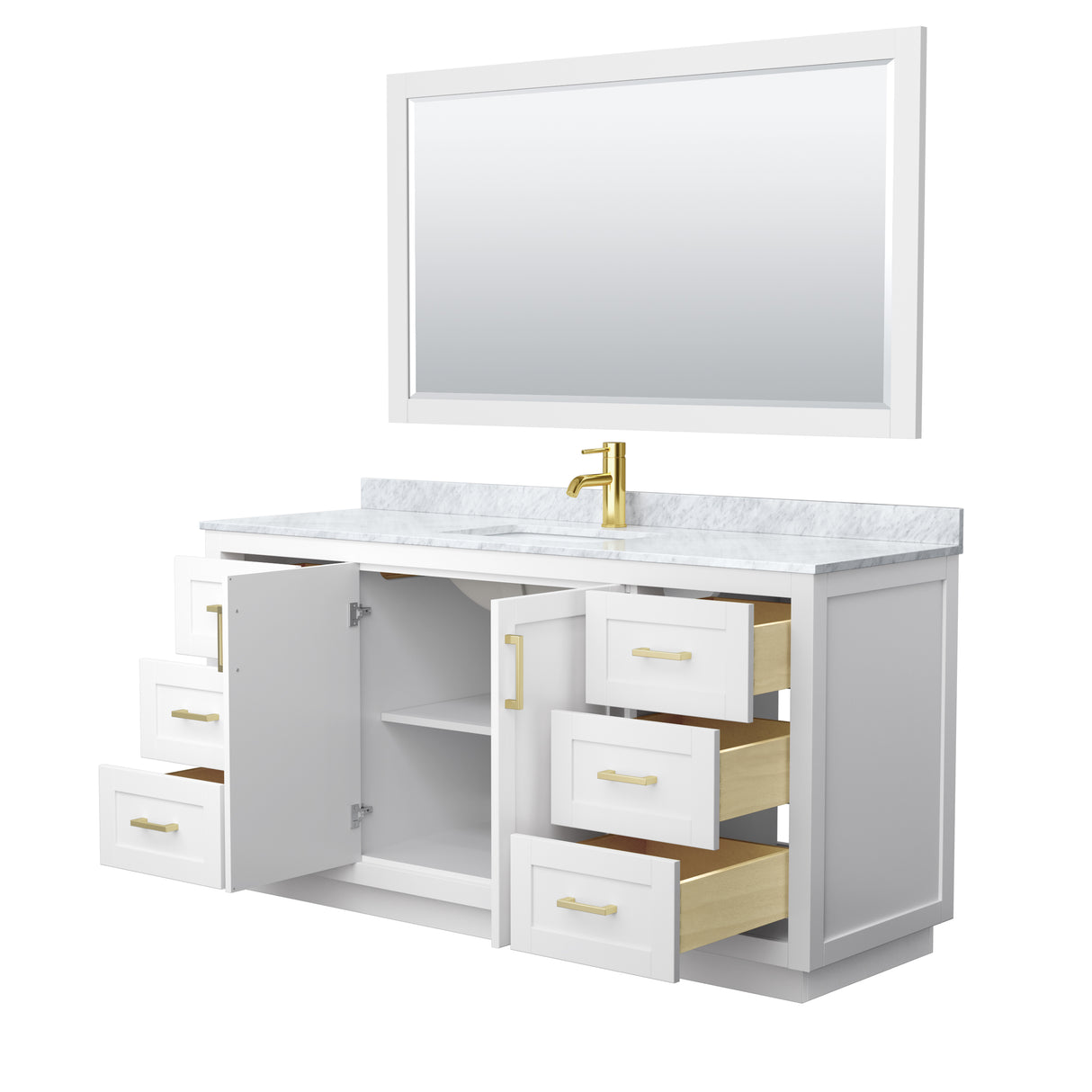 Miranda 66 Inch Single Bathroom Vanity in White White Carrara Marble Countertop Undermount Square Sink Brushed Gold Trim 58 Inch Mirror