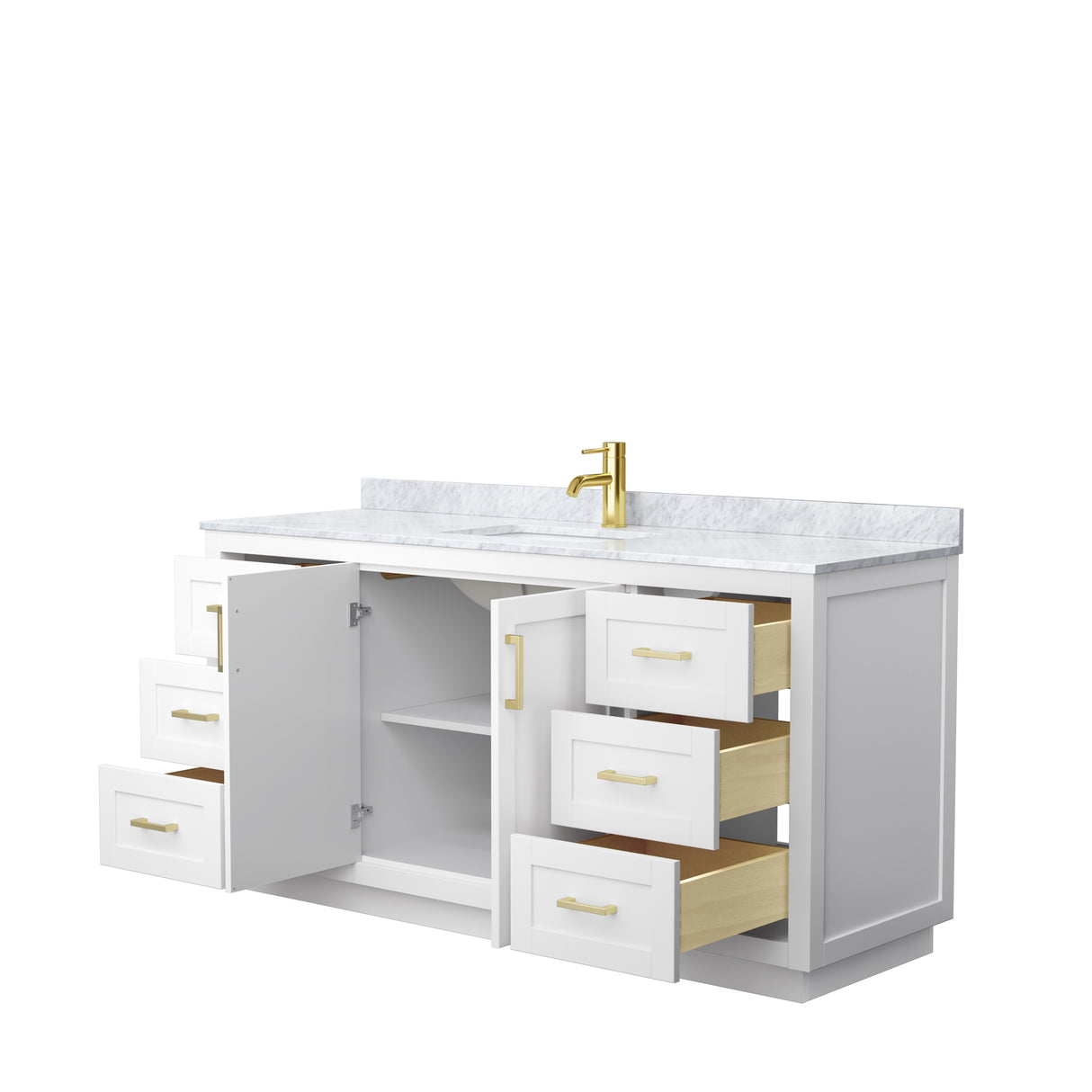 Miranda 66 Inch Single Bathroom Vanity in White White Carrara Marble Countertop Undermount Square Sink Brushed Gold Trim