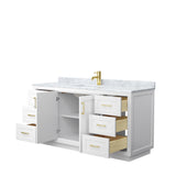 Miranda 66 Inch Single Bathroom Vanity in White White Carrara Marble Countertop Undermount Square Sink Brushed Gold Trim