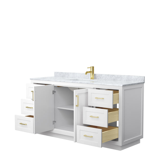Miranda 66 Inch Single Bathroom Vanity in White White Carrara Marble Countertop Undermount Square Sink Brushed Gold Trim