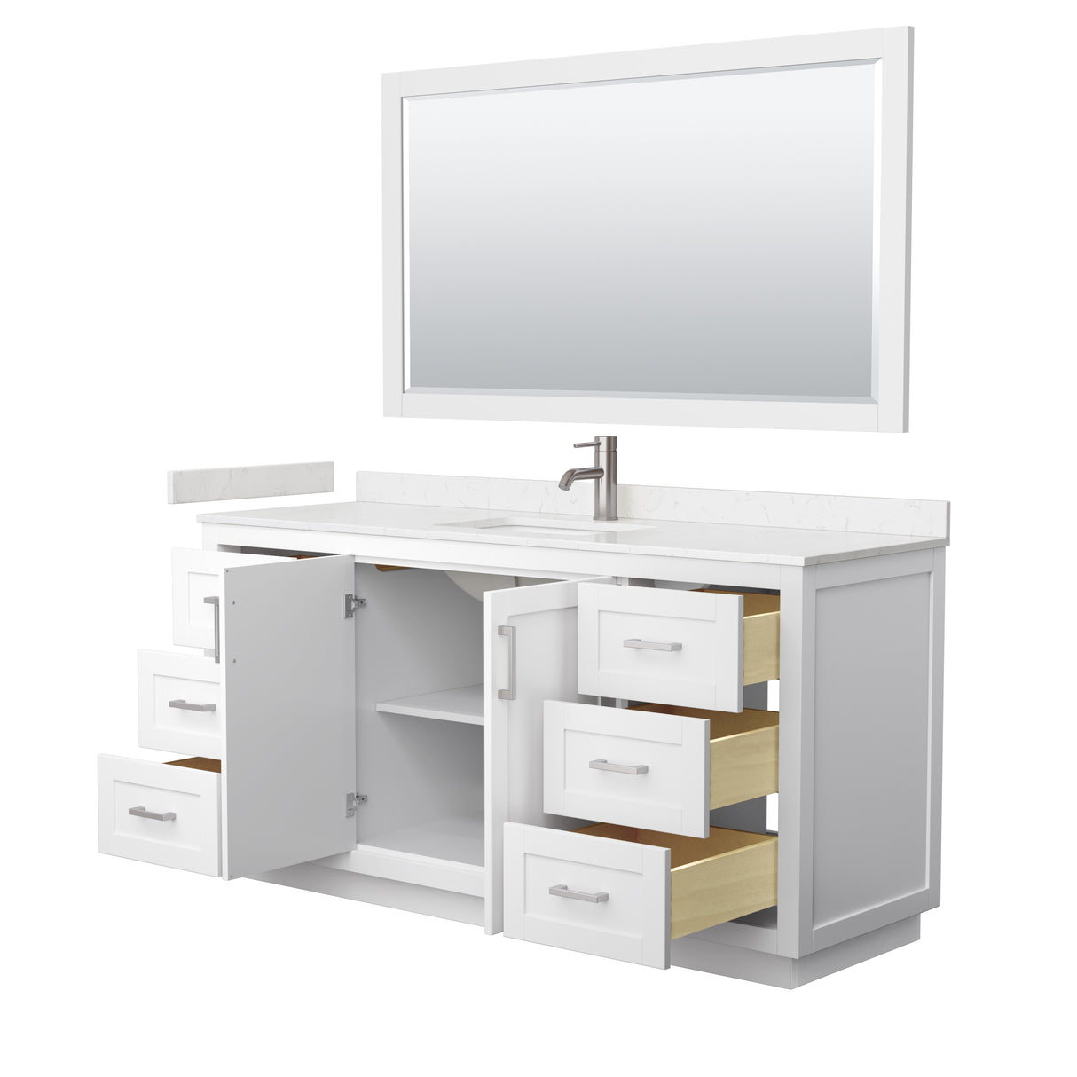 Miranda 66 Inch Single Bathroom Vanity in White Carrara Cultured Marble Countertop Undermount Square Sink Brushed Nickel Trim 58 Inch Mirror