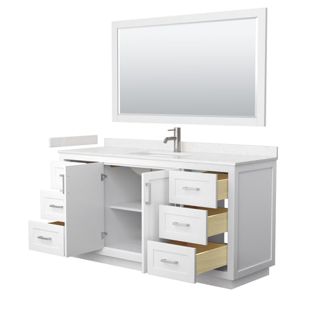 Miranda 66 Inch Single Bathroom Vanity in White Carrara Cultured Marble Countertop Undermount Square Sink Brushed Nickel Trim 58 Inch Mirror