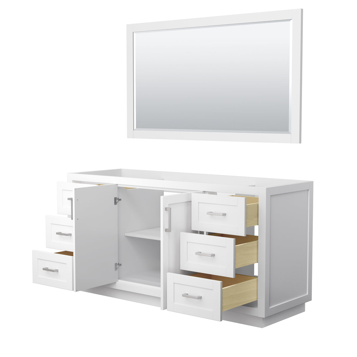 Miranda 66 Inch Single Bathroom Vanity in White No Countertop No Sink Brushed Nickel Trim 58 Inch Mirror