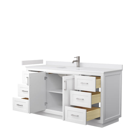 Miranda 66 Inch Single Bathroom Vanity in White White Cultured Marble Countertop Undermount Square Sink Brushed Nickel Trim