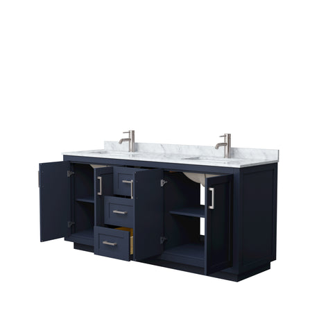 Miranda 72 Inch Double Bathroom Vanity in Dark Blue White Carrara Marble Countertop Undermount Square Sinks Brushed Nickel Trim