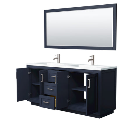 Miranda 72 Inch Double Bathroom Vanity in Dark Blue 1.25 Inch Thick Matte White Solid Surface Countertop Integrated Sinks Brushed Nickel Trim 70 Inch Mirror