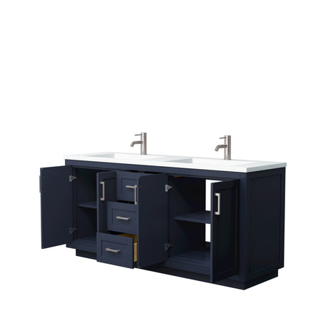 Miranda 72 Inch Double Bathroom Vanity in Dark Blue 1.25 Inch Thick Matte White Solid Surface Countertop Integrated Sinks Brushed Nickel Trim