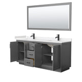 Miranda 72 Inch Double Bathroom Vanity in Dark Gray Carrara Cultured Marble Countertop Undermount Square Sinks Matte Black Trim 70 Inch Mirror