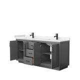 Miranda 72 Inch Double Bathroom Vanity in Dark Gray Carrara Cultured Marble Countertop Undermount Square Sinks Matte Black Trim