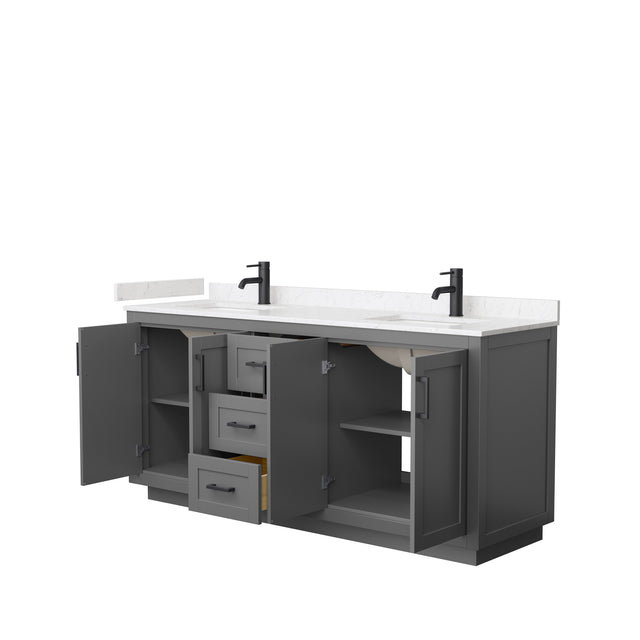 Miranda 72 Inch Double Bathroom Vanity in Dark Gray Carrara Cultured Marble Countertop Undermount Square Sinks Matte Black Trim