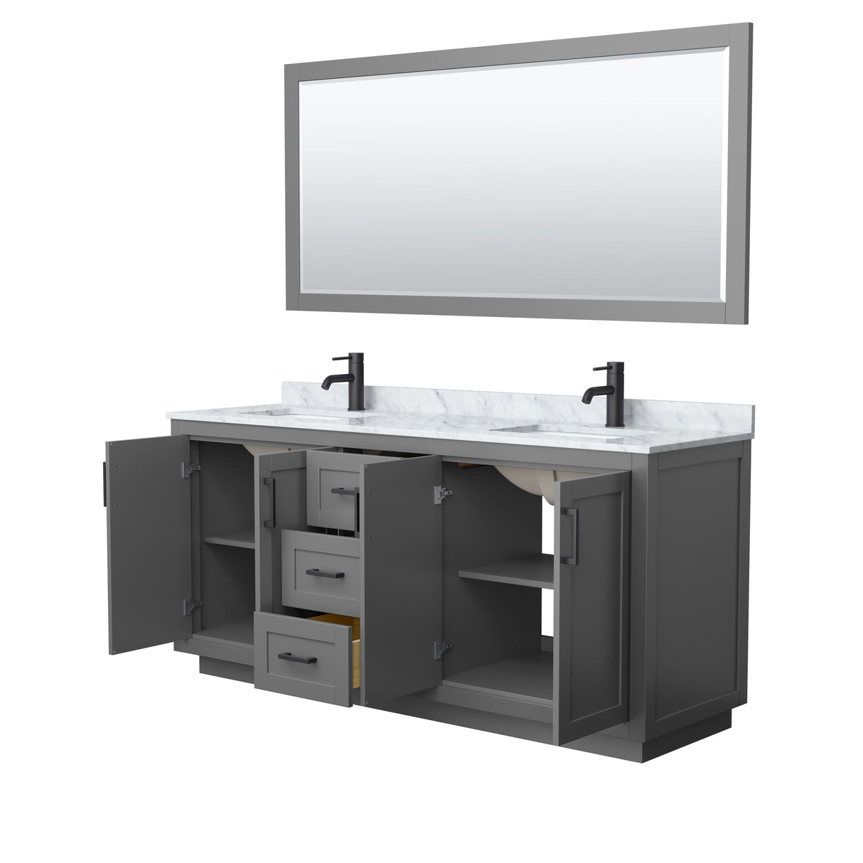 Miranda 72 Inch Double Bathroom Vanity in Dark Gray White Carrara Marble Countertop Undermount Square Sinks Matte Black Trim 70 Inch Mirror