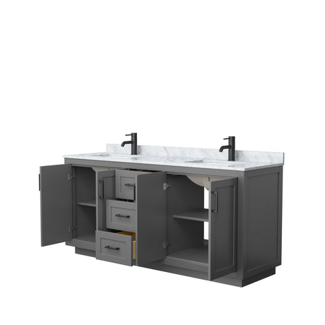 Miranda 72 Inch Double Bathroom Vanity in Dark Gray White Carrara Marble Countertop Undermount Square Sinks Matte Black Trim