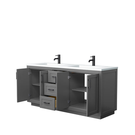 Miranda 72 Inch Double Bathroom Vanity in Dark Gray 1.25 Inch Thick Matte White Solid Surface Countertop Integrated Sinks Matte Black Trim