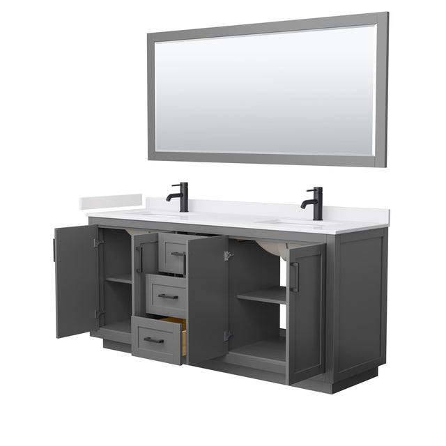 Miranda 72 Inch Double Bathroom Vanity in Dark Gray White Cultured Marble Countertop Undermount Square Sinks Matte Black Trim 70 Inch Mirror