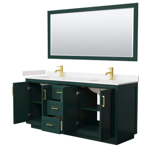 Miranda 72 Inch Double Bathroom Vanity in Green Carrara Cultured Marble Countertop Undermount Square Sinks Brushed Gold Trim 70 Inch Mirror
