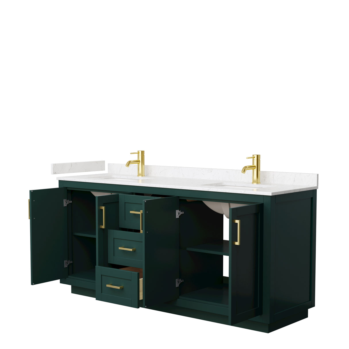 Miranda 72 Inch Double Bathroom Vanity in Green Carrara Cultured Marble Countertop Undermount Square Sinks Brushed Gold Trim