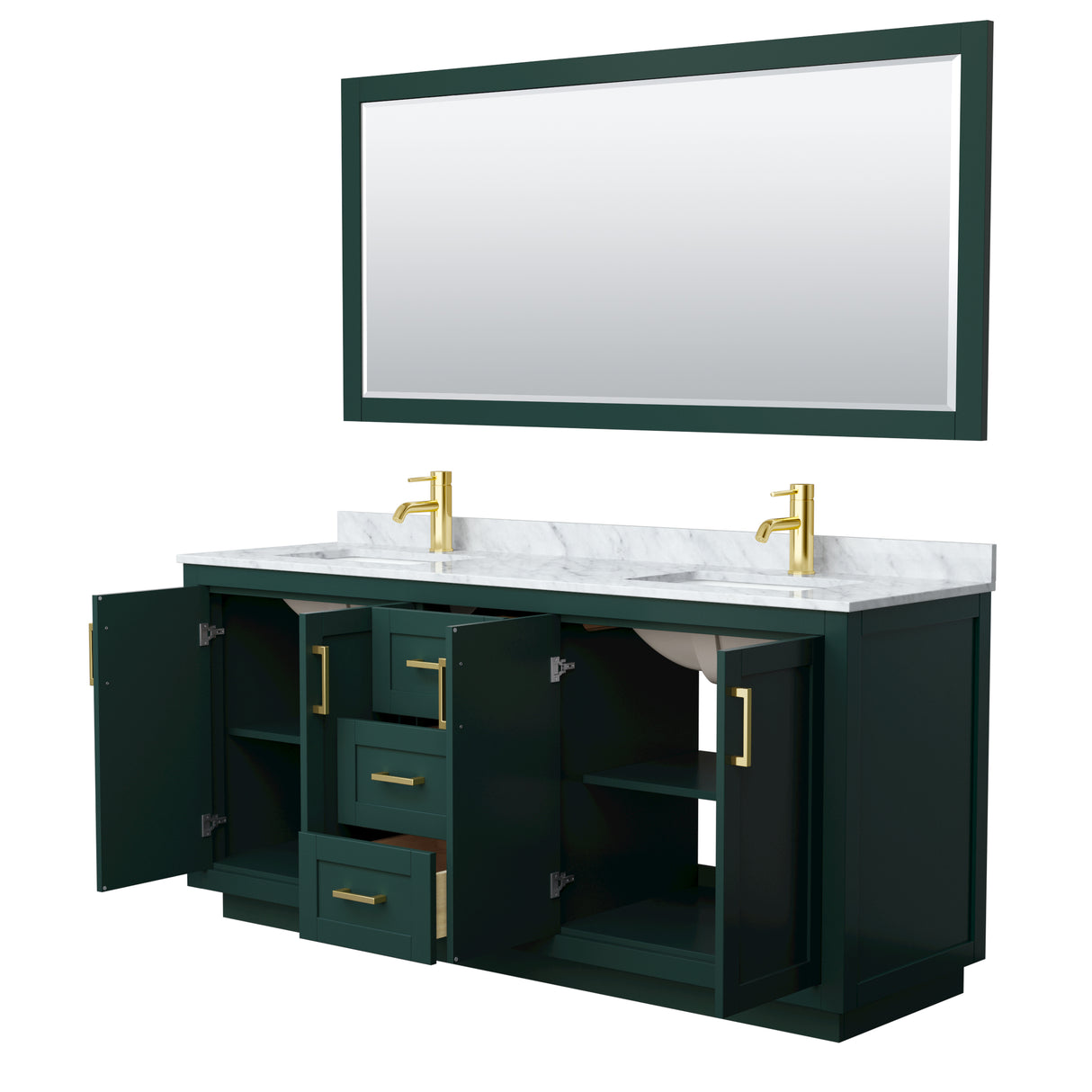 Miranda 72 Inch Double Bathroom Vanity in Green White Carrara Marble Countertop Undermount Square Sinks Brushed Gold Trim 70 Inch Mirror