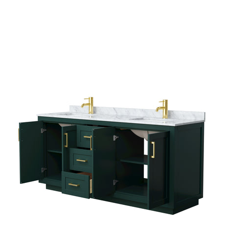 Miranda 72 Inch Double Bathroom Vanity in Green White Carrara Marble Countertop Undermount Square Sinks Brushed Gold Trim