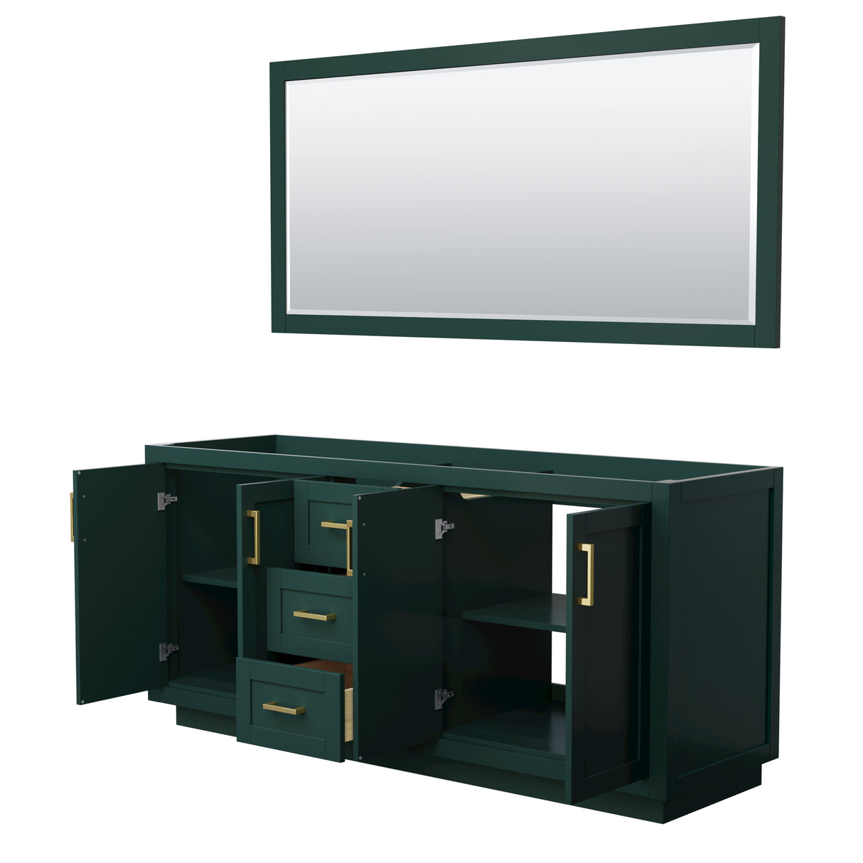 Miranda 72 Inch Double Bathroom Vanity in Green No Countertop No Sink Brushed Gold Trim 70 Inch Mirror