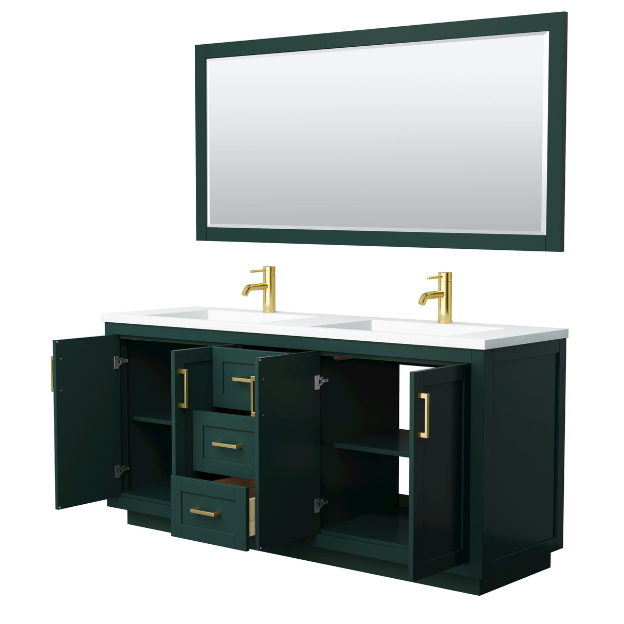 Miranda 72 Inch Double Bathroom Vanity in Green 1.25 Inch Thick Matte White Solid Surface Countertop Integrated Sinks Brushed Gold Trim 70 Inch Mirror