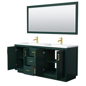 Miranda 72 Inch Double Bathroom Vanity in Green 1.25 Inch Thick Matte White Solid Surface Countertop Integrated Sinks Brushed Gold Trim 70 Inch Mirror